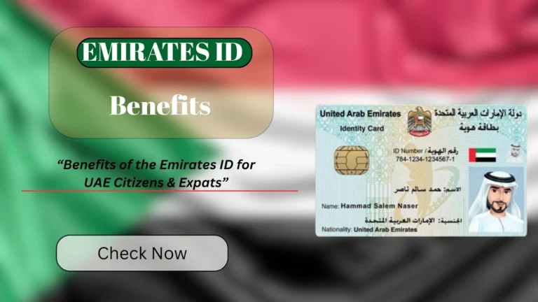 Mobile showing Emirates ID on left with Benefits of the Emirates ID text on right over UAE flag background
