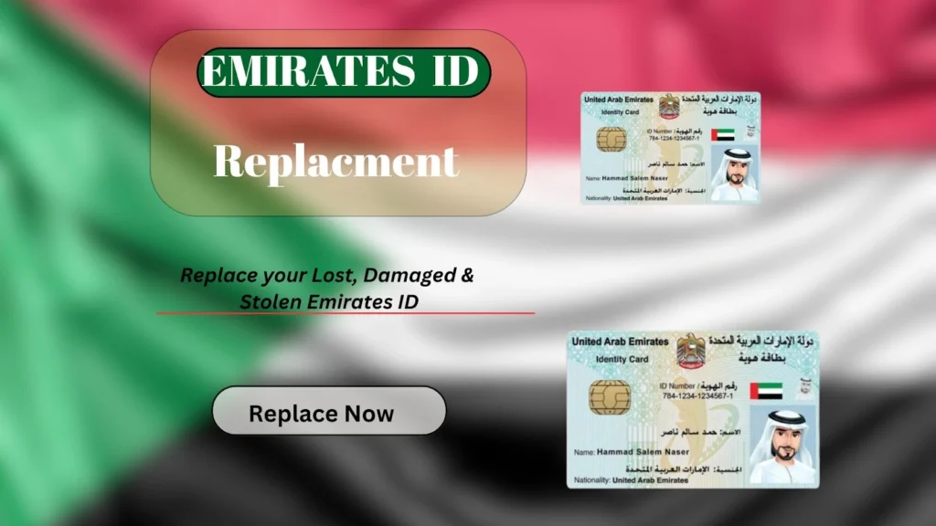 Emirates ID replacement image showing ID cards and text Replace your lost, damaged, and stolen Emirates ID on UAE flag background