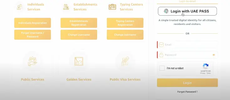 Webpage showing login and service categories for Individuals, Establishments, and Typing Centers.
