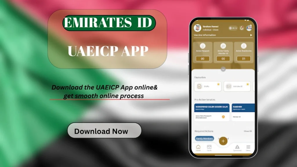 UAEICP App on smartphone with download button on blurred UAE flag