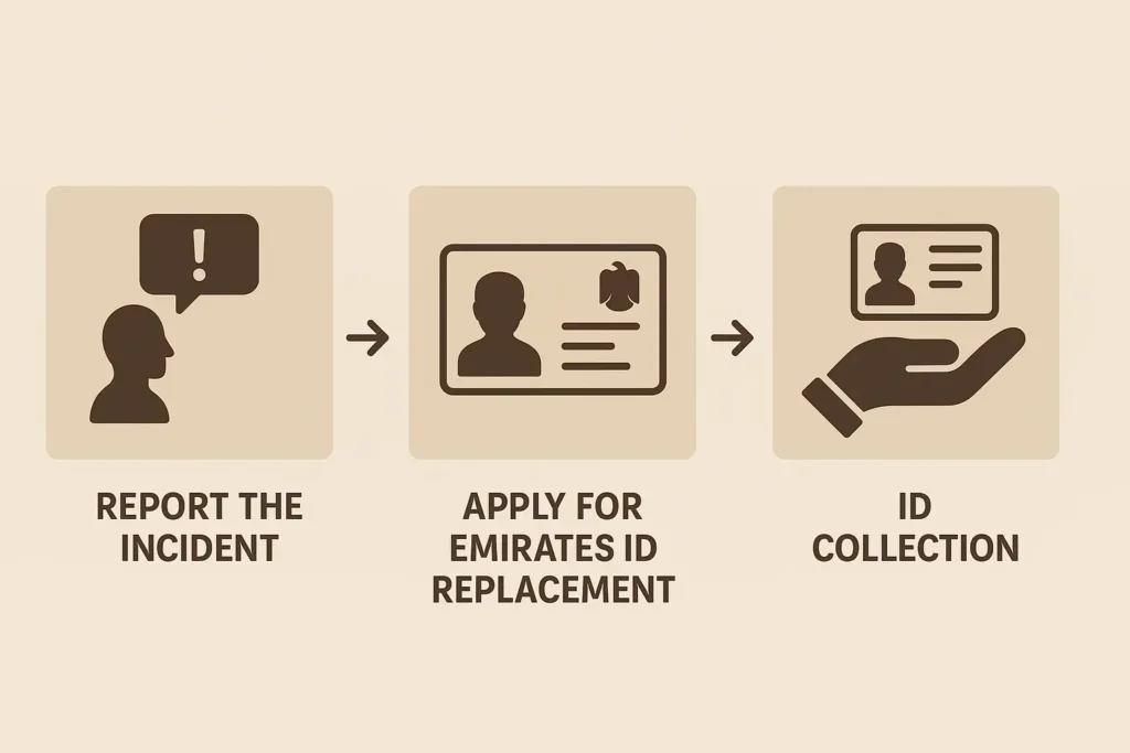 Step-by-step infographic illustrating how to replace a lost Emirates ID